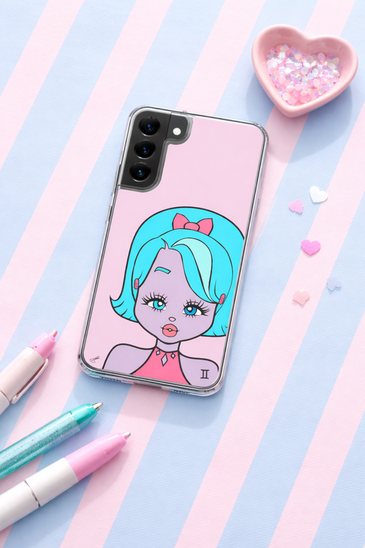 Phone case with a Gemini character on a striped background