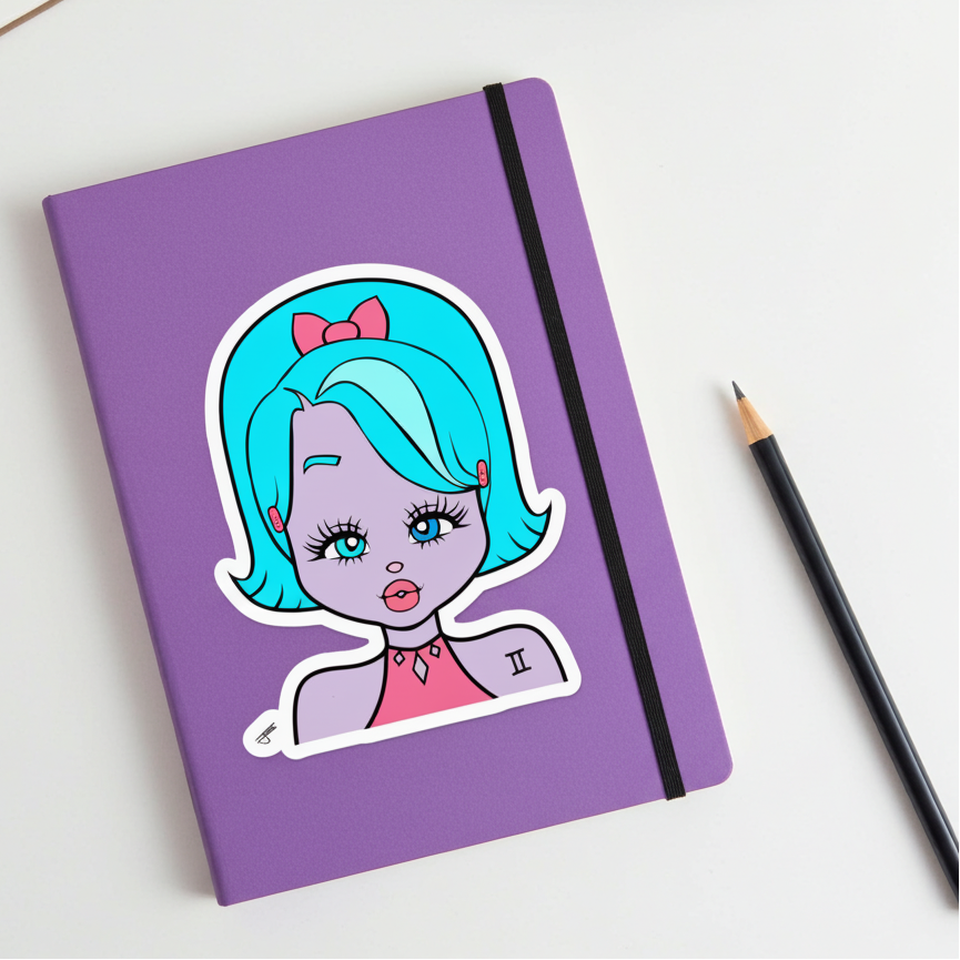Purple notebook with a Gemini character on a white desk with a pencil.