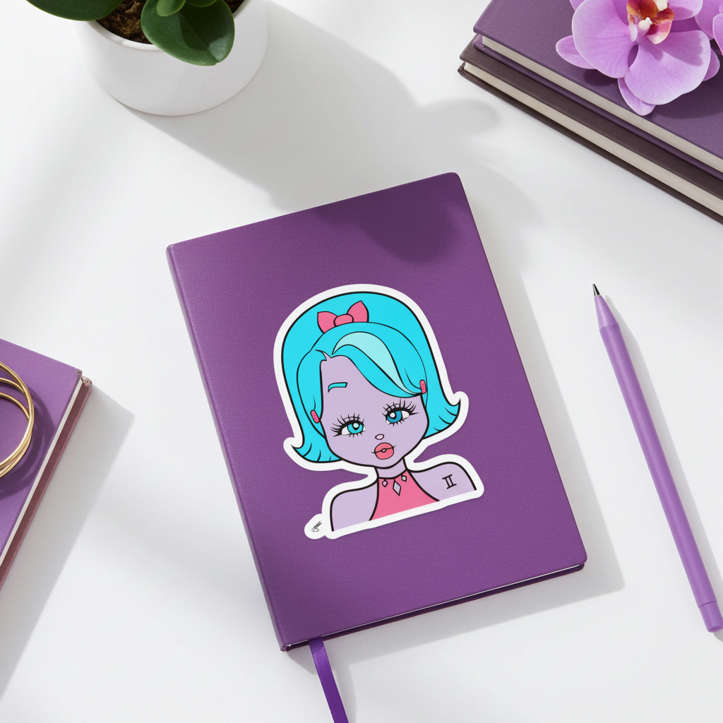 Purple notebook with a Gemini cartoon character sticker on a white surface with a pencil and plant.