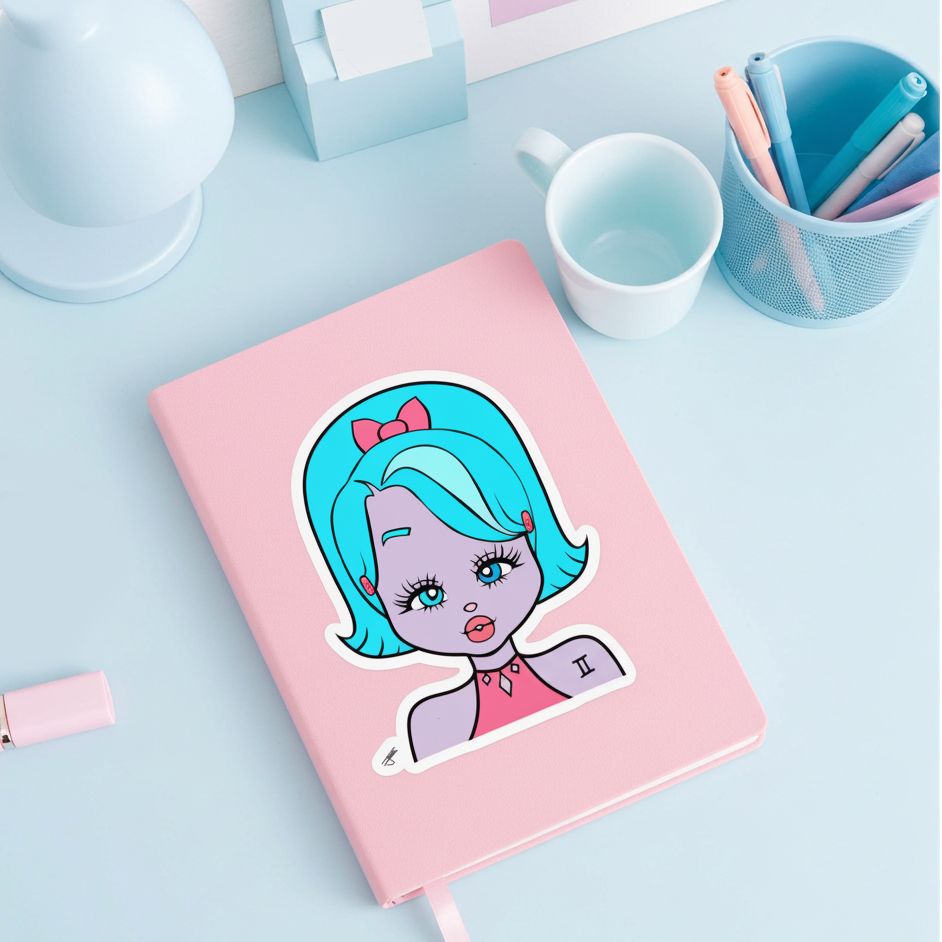 Pink notebook with a Gemini character sticker on a light blue desk