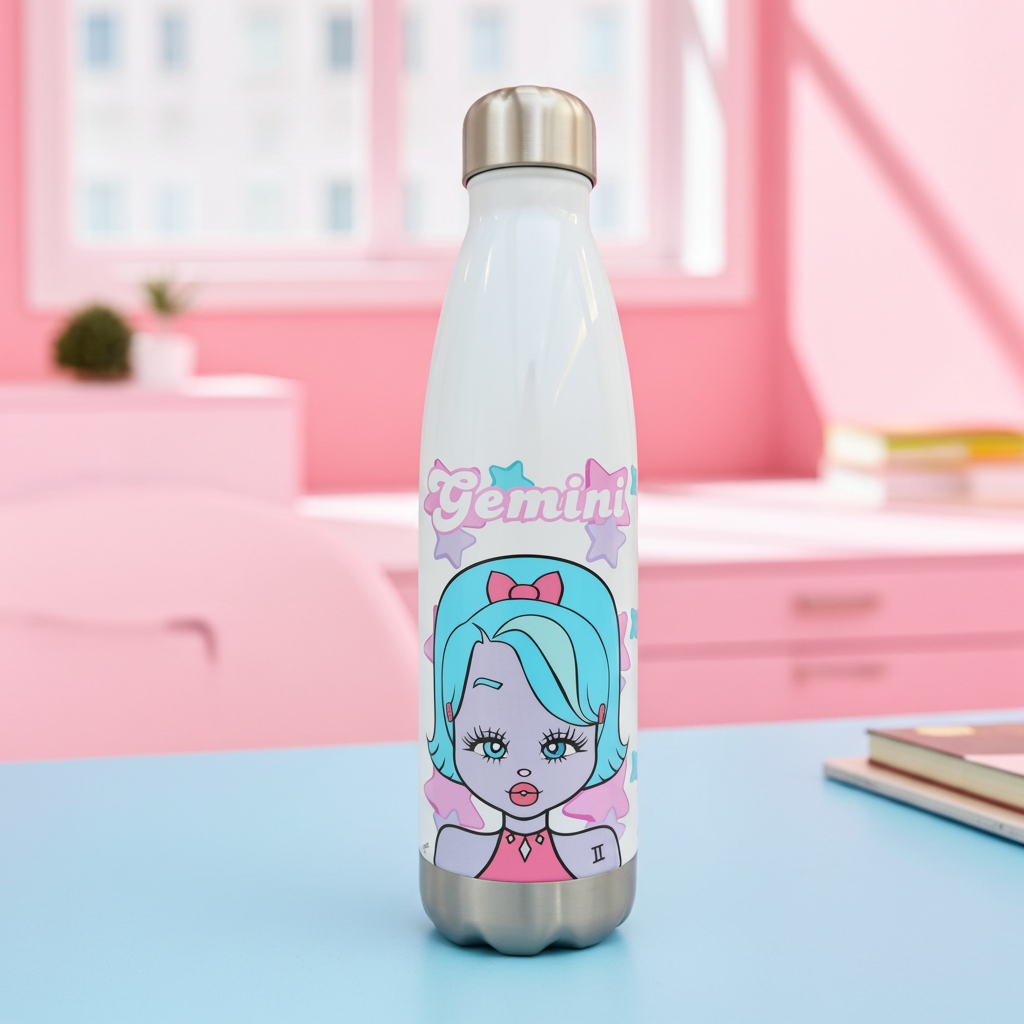 Water bottle with cartoon design of a girl with blue hair and the word 'Gemini' on a pink background.