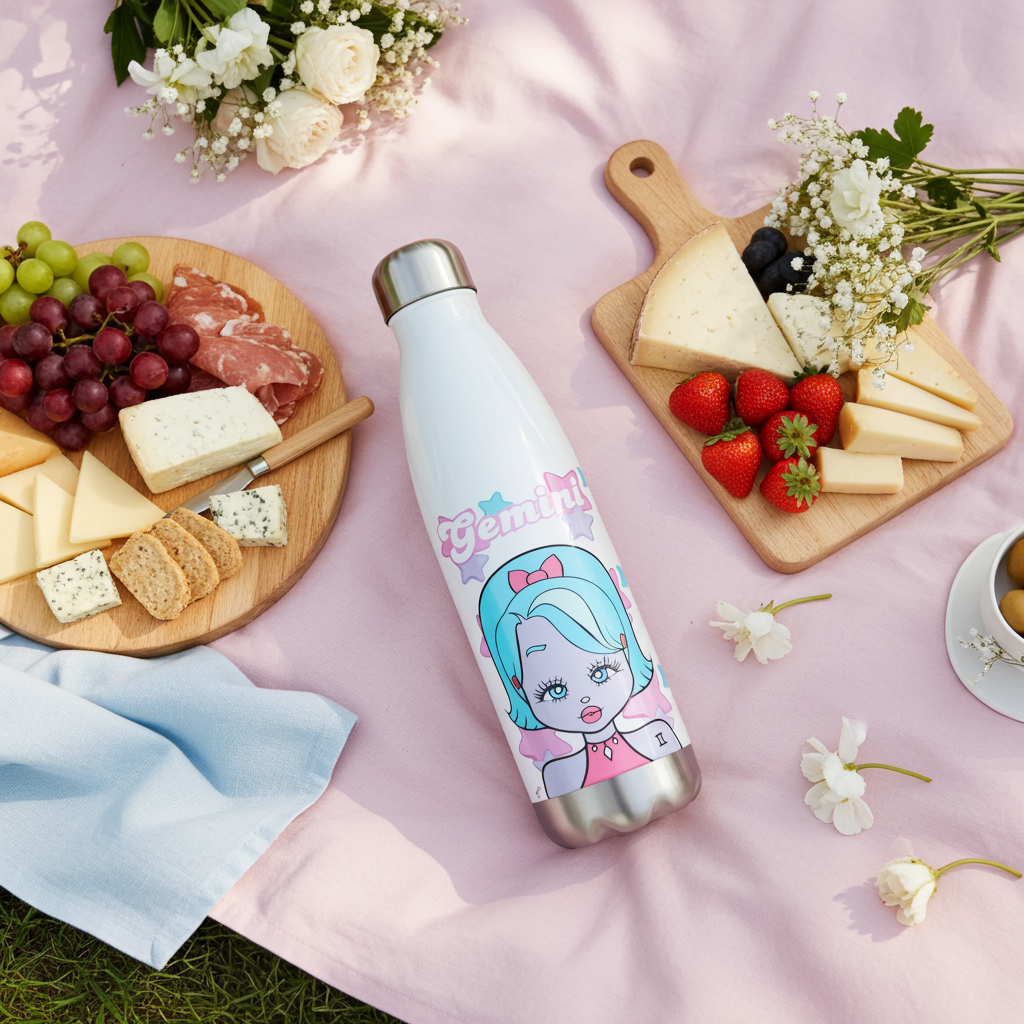 Thermos bottle with Gemini character on a pink blanket with cheese and fruit platter
