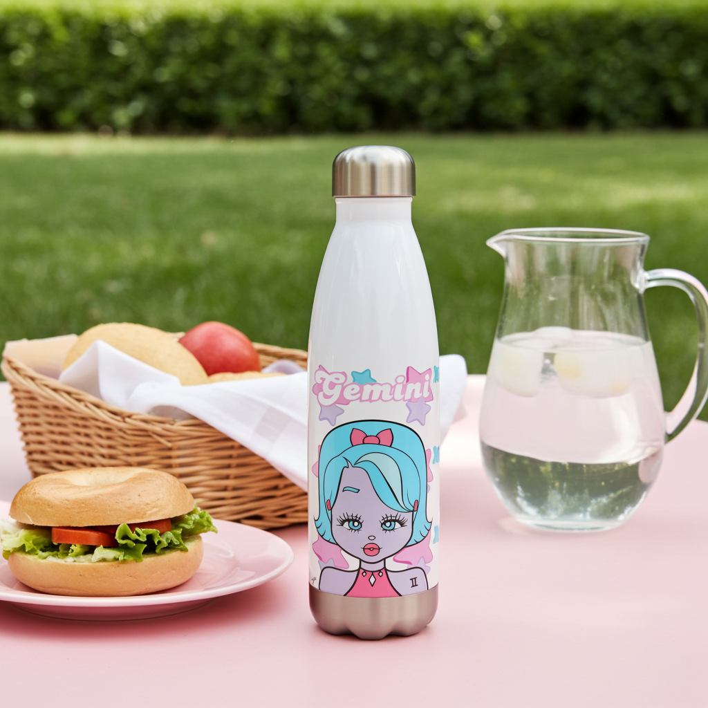 Therms bottle with a Gemini character design on a picnic table with food and a pitcher of water.