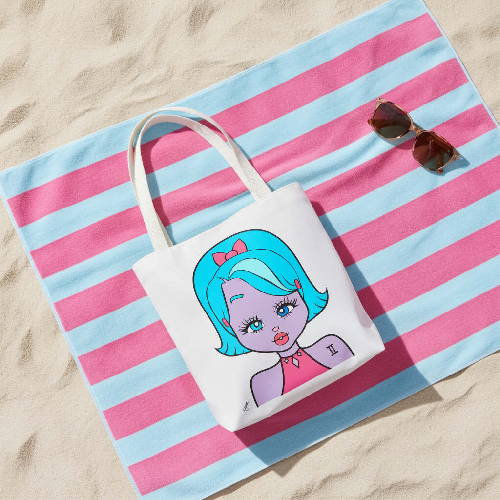 Tote bag with a Gemini character design on a striped towel with sunglasses, on sand.