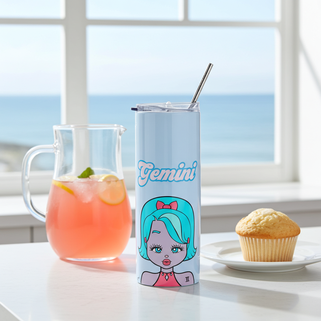Tumbler with 'Gemini' design on a table with a drink and muffin, window in the background