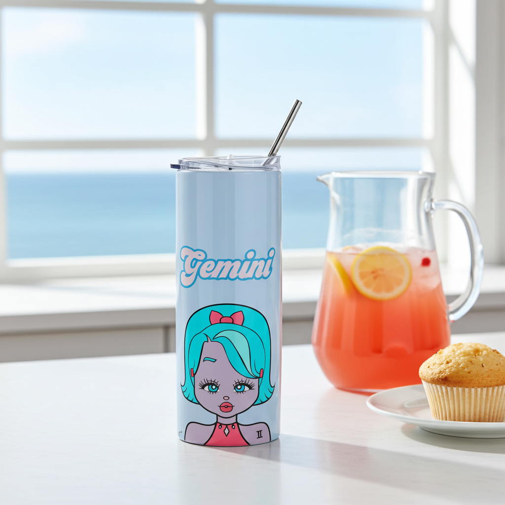 Tumbler with a cartoon design labeled 'Gemini' on a table with a pitcher of lemonade and a muffin.