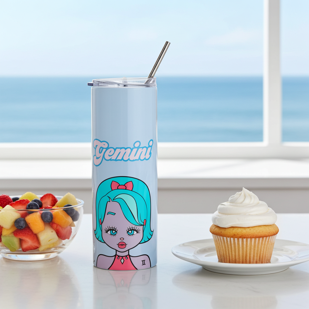 Tumbler with a cartoon design labeled 'Gemini' on a table with fruit and a cupcake.