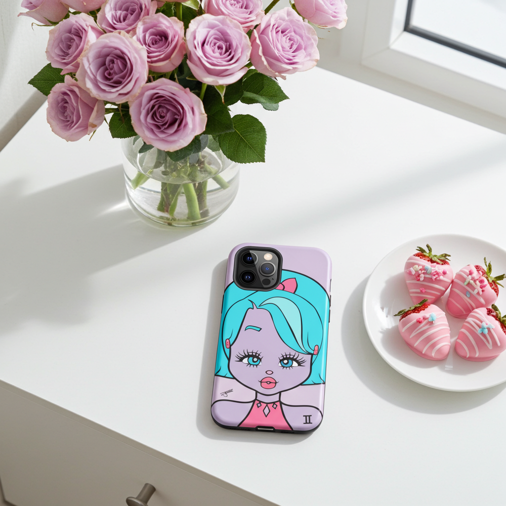 Phone case with Gemini character design on a table with flowers and pastries