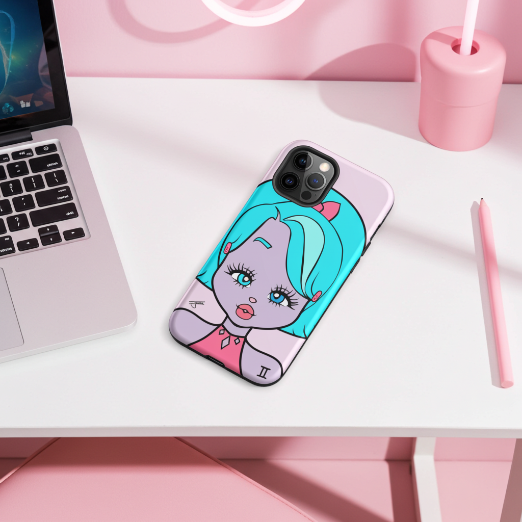 Phone case with Gemini charater design on a desk with laptop and pink cup