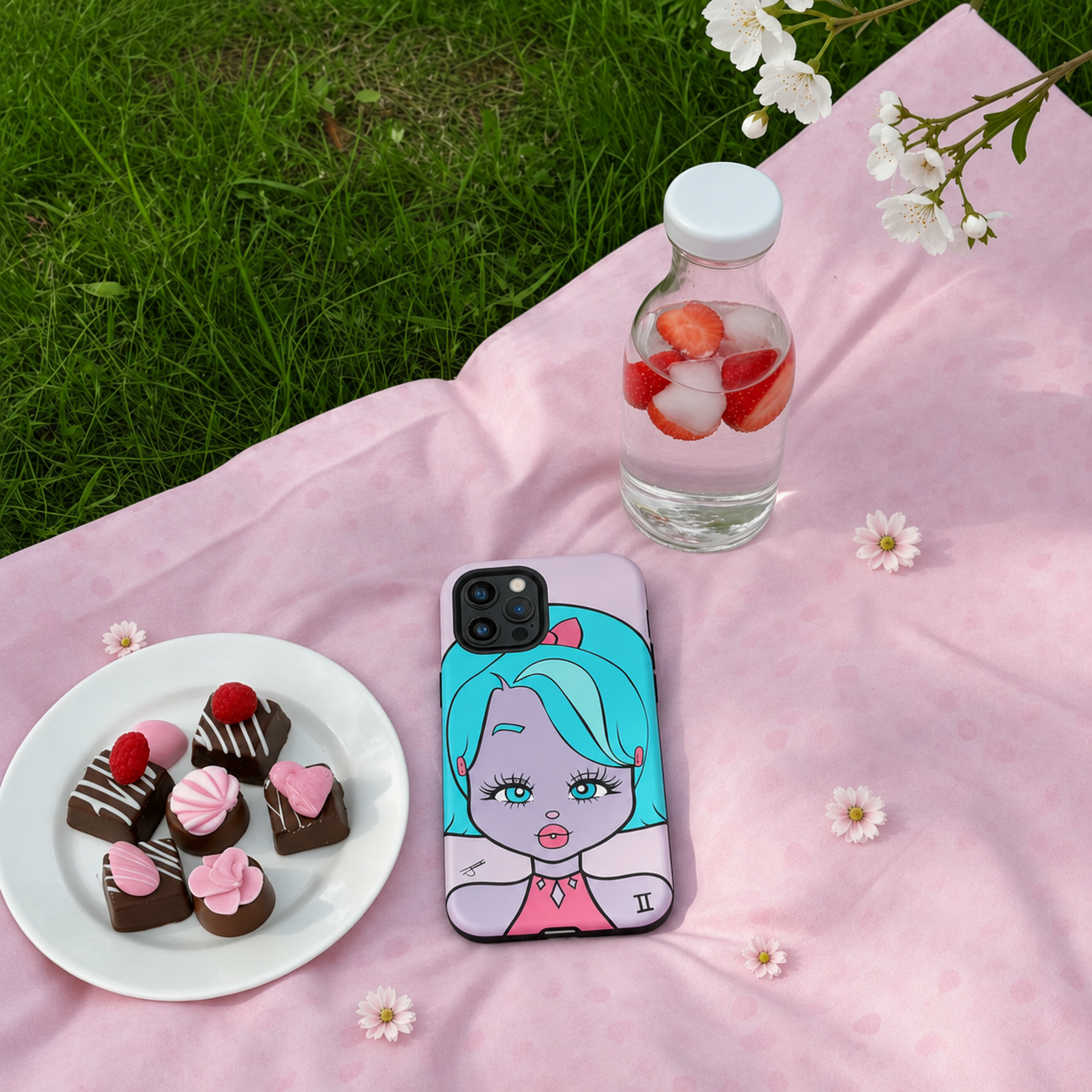 Phone case with Gemini character design on a pink blanket with cookies and water bottle.