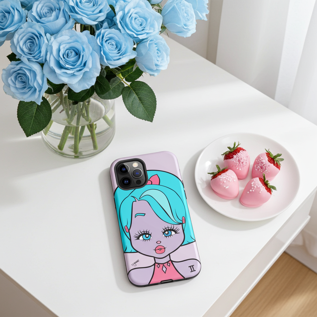 Phone case with Gemini character design on a table with blue roses and strawberries.