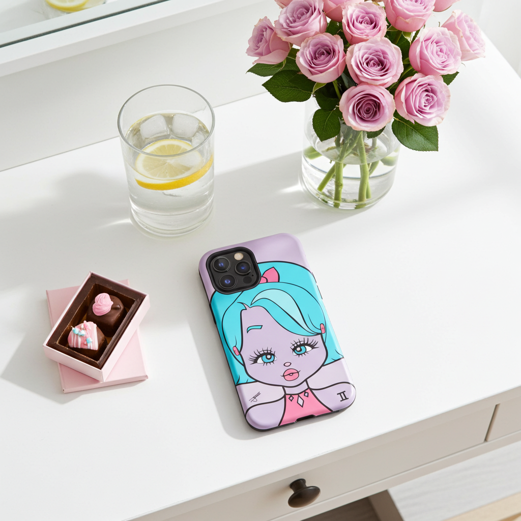 Phone case with a Gemini character design on a table with flowers and a glass of water.