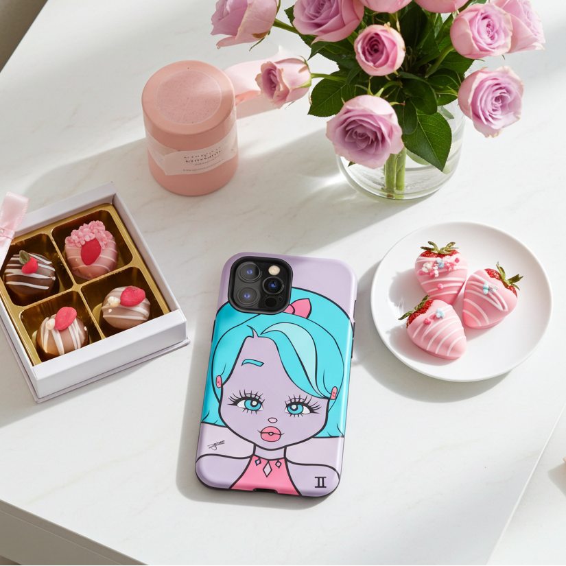 Phone case with a Gemini character design on a table with pink roses and pastries