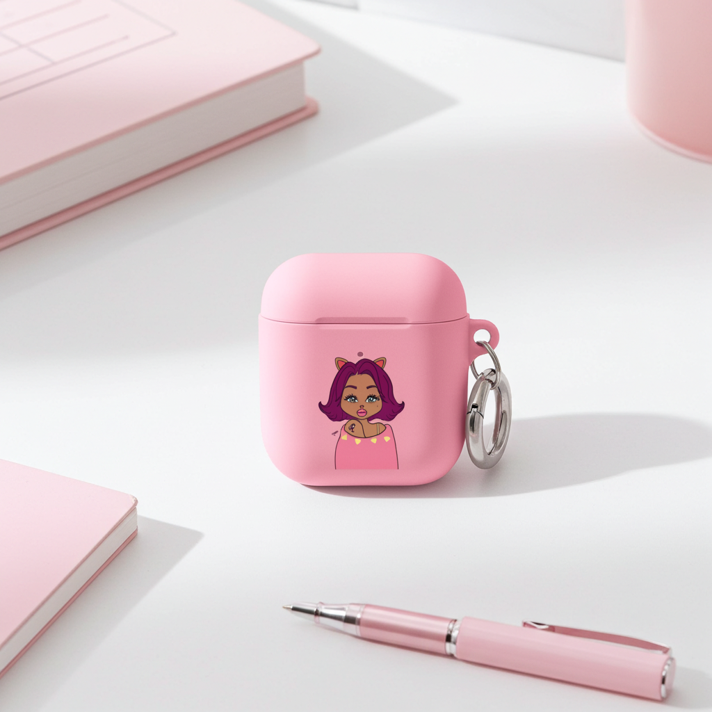 Pink air pod case with a Leo character on a white surface with pink accessories.