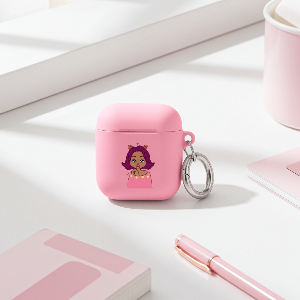 Pink airpod case with a Leo character design on a light surface with stationery items.