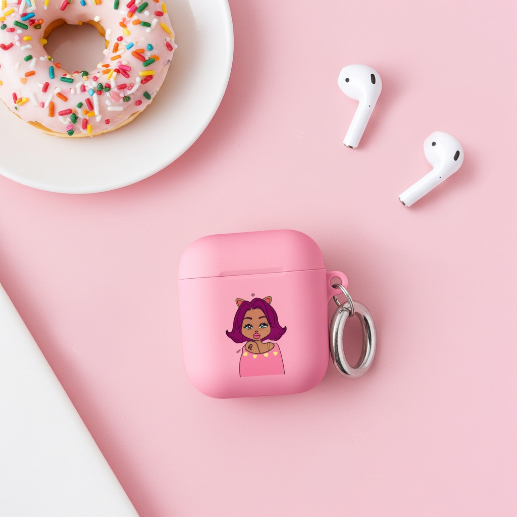 Pink airpod case with Leo character design on a pink background with donut and airpods.