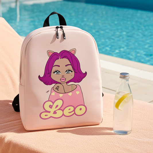 Backpack with a Leo character and 'Leo' text by a poolside with a bottle of lemon water.