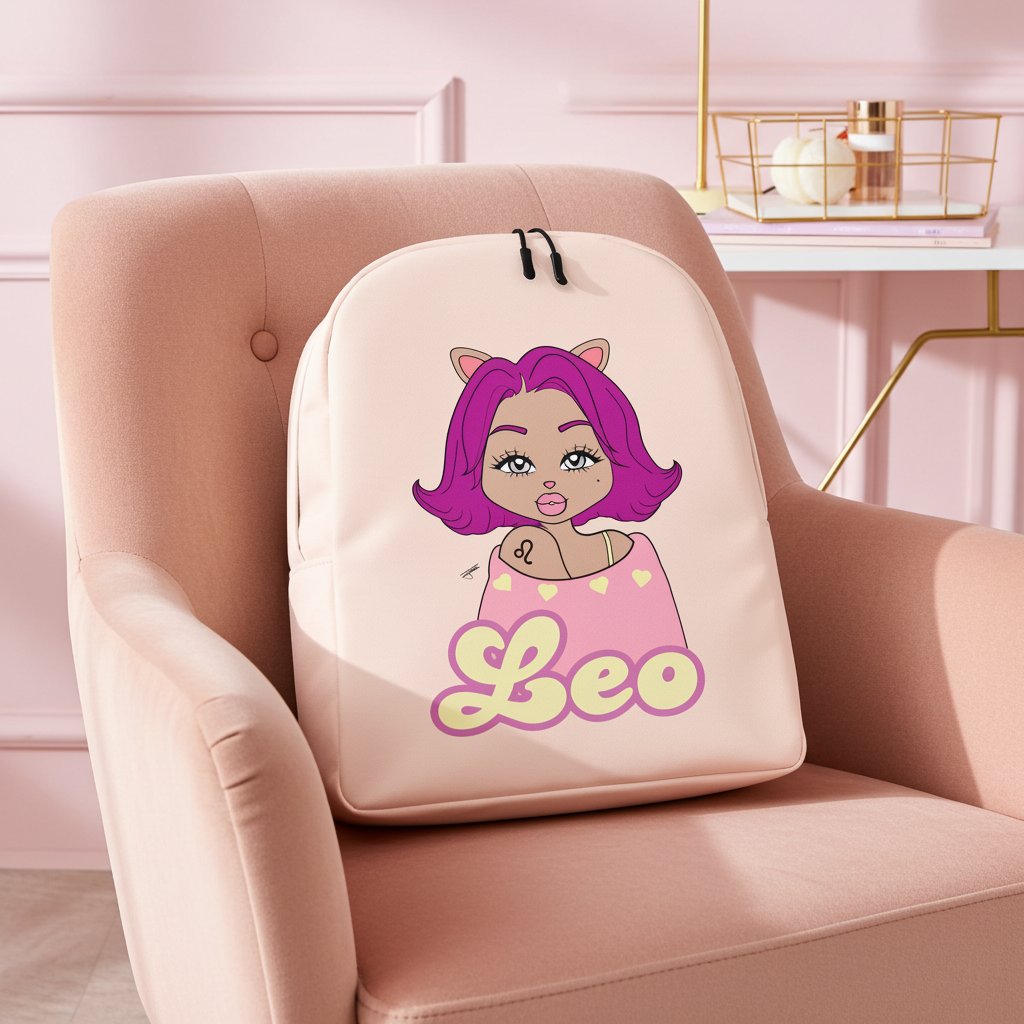 Backpack with cartoon character and 'Leo' text on a pink chair