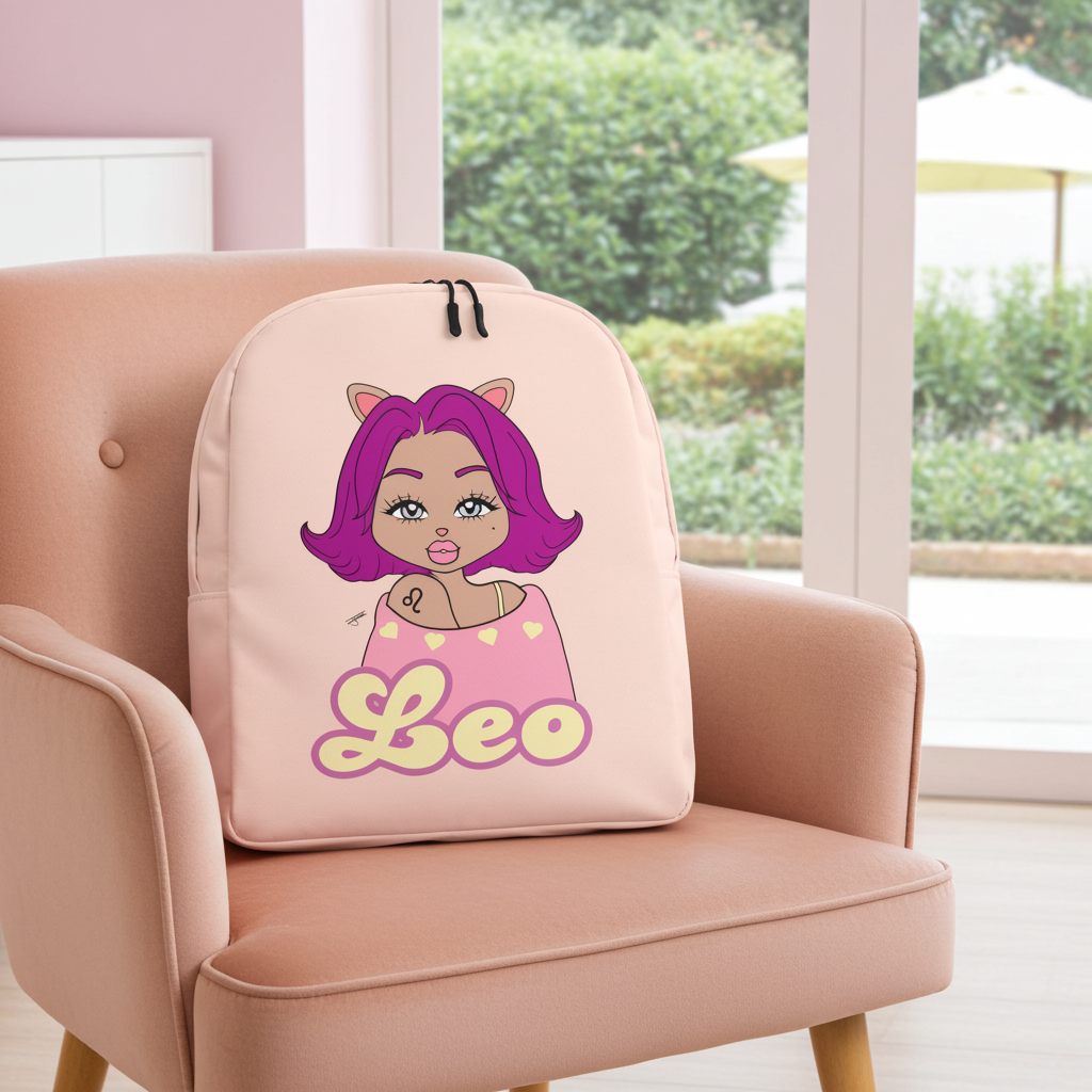 Backpack with Leo character and 'Leo' text on a pink chair in a room with a window.