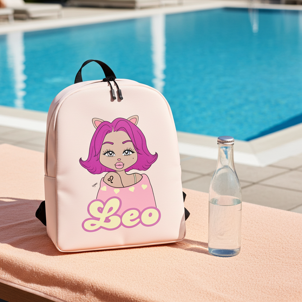 Backpack with a Leo character and 'Leo' text by a poolside