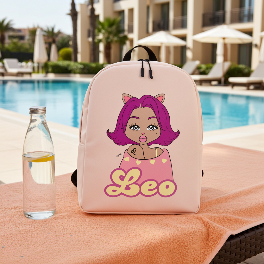 Pink backpack with a Leo character and 'Leo' text by a poolside