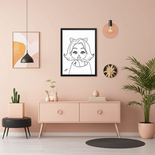 Modern living room with a pink wall, furniture, and decorative items.