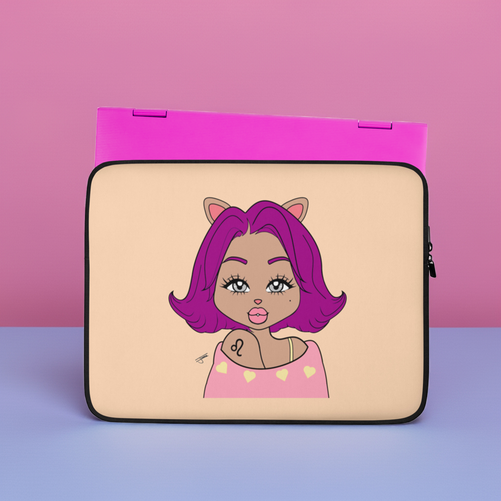 Laptop sleeve with a Leo character on a pink surface with a laptop.