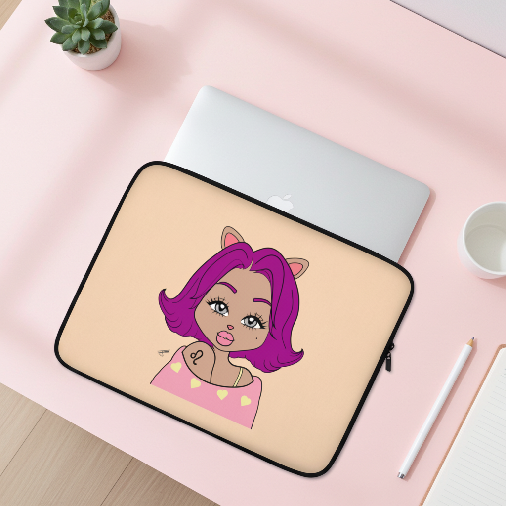 Laptop sleeve with a Leo character on a pink surface with a laptop and cup.
