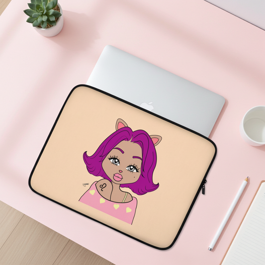 Laptop sleeve with a Leo character on a pink surface with a laptop and cup.