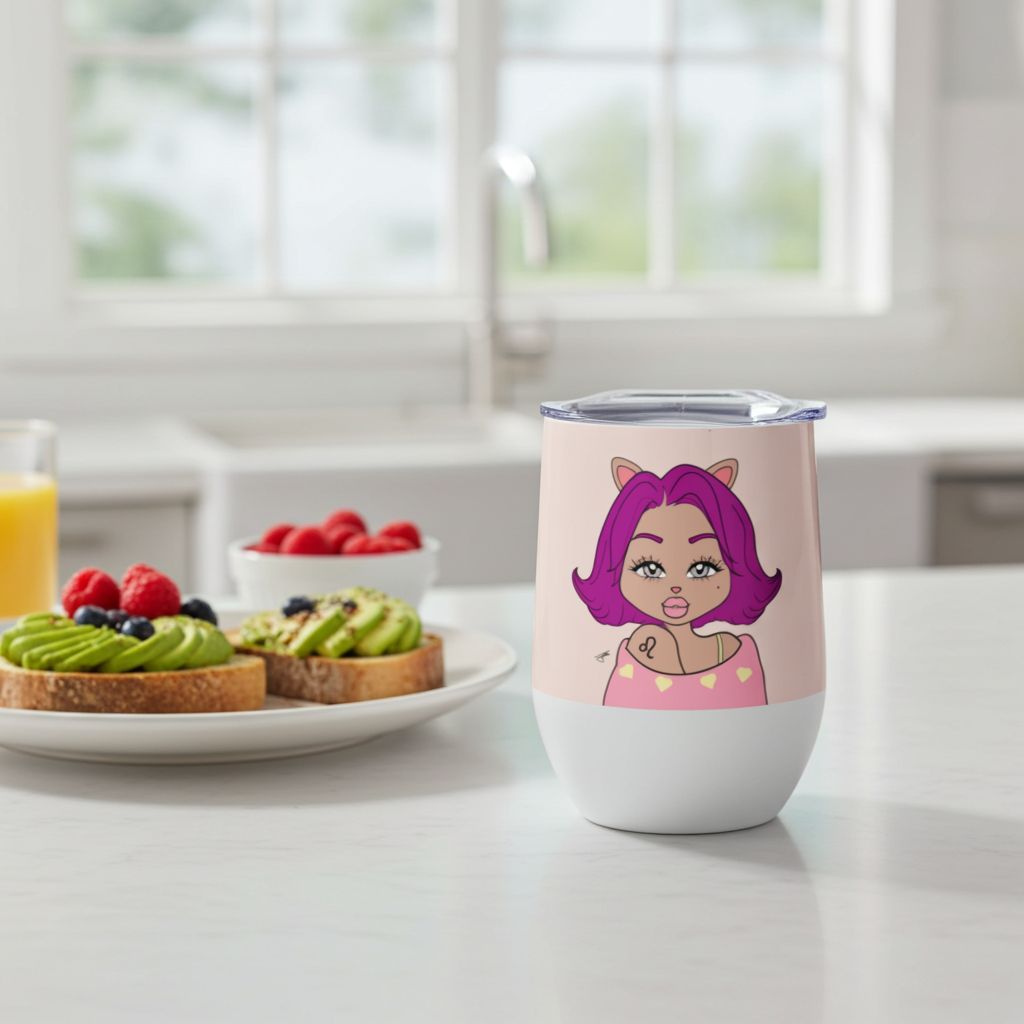 Tumbler with a Leo character on a kitchen counter with a plate of food.
