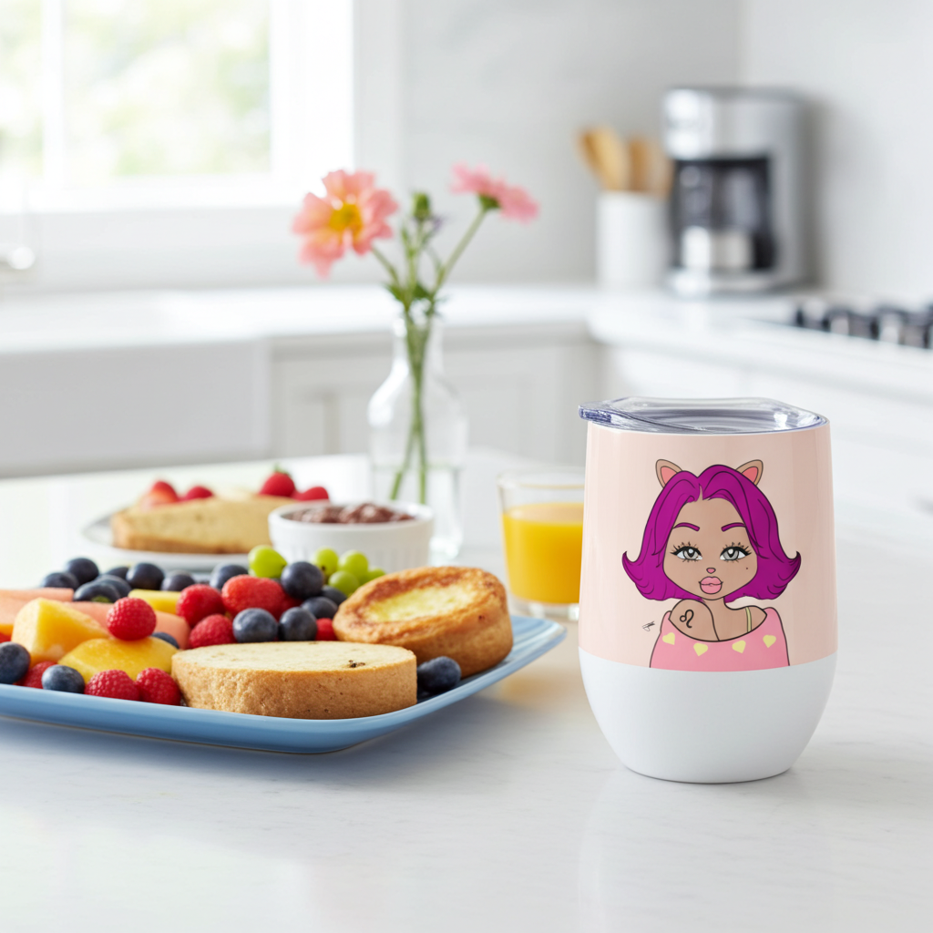 White tumbler with a Leo character on a kitchen counter with fruit and pastries.