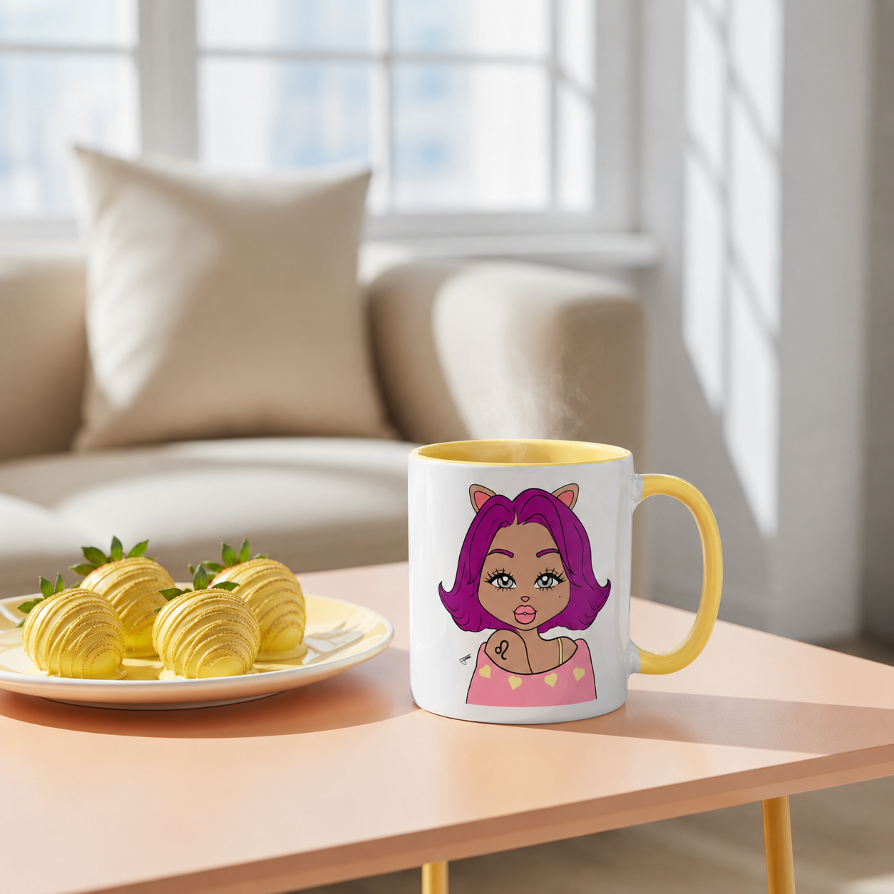 Mug with a Leo character design on a table in a bright room
