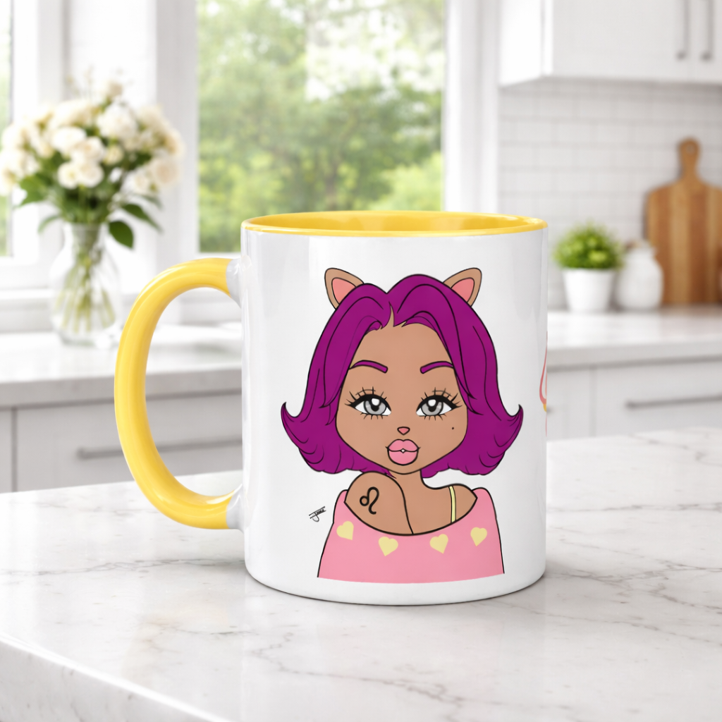 Mug with a Leo character on a kitchen counter