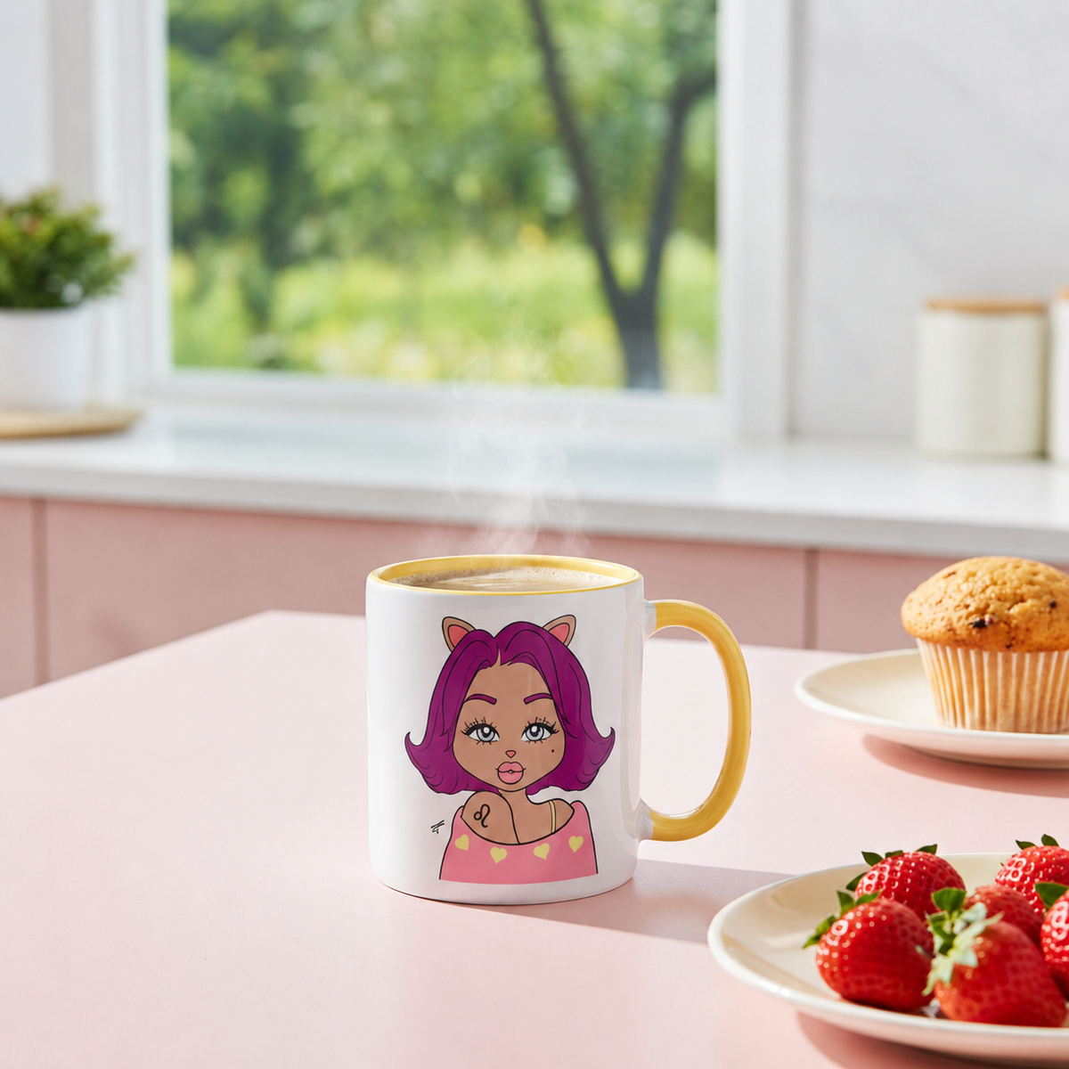 A white ceramic coffee mug with a yellow handle and rim, featuring a cartoon illustration of a girl with purple hair and cat ears, set on a pink table in a bright kitchen with strawberries and a muffin nearby.