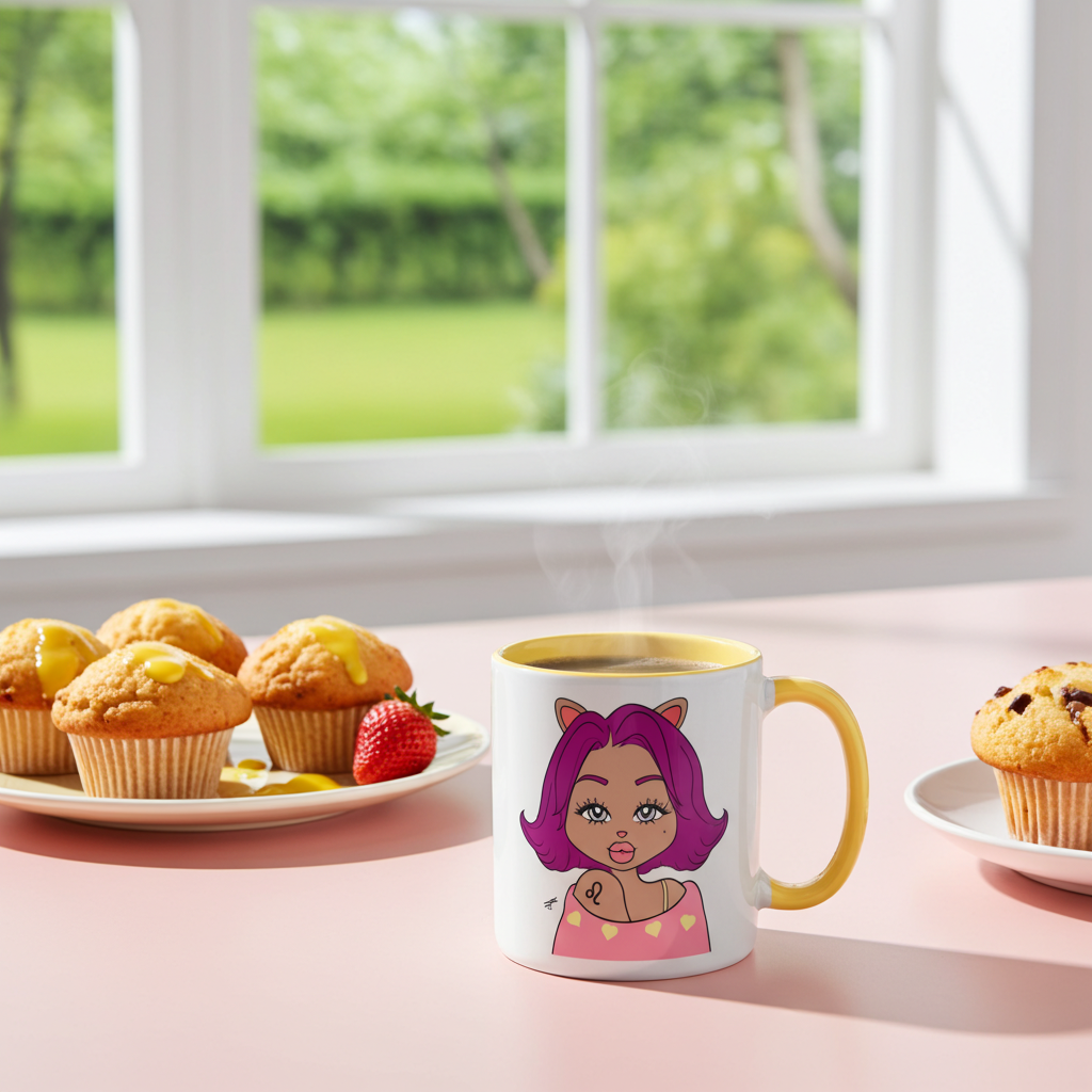 A white ceramic mug with a yellow handle and interior, featuring a cartoon illustration of a girl with purple hair and cat ears, set on a pink table with muffins and a strawberry in a bright kitchen scene.