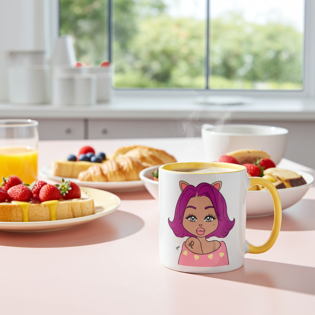 A white ceramic coffee mug with a yellow handle and interior, featuring a cartoon illustration of a girl with purple hair and cat ears. The mug is set on a pink table in a bright kitchen with breakfast items like croissants, toast, and fruit in the background.