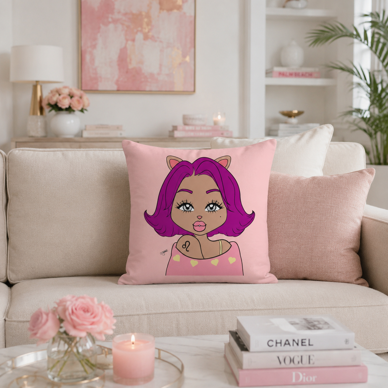 A pink throw pillow featuring a Leo character, styled on a beige sofa in a bright, modern living room.