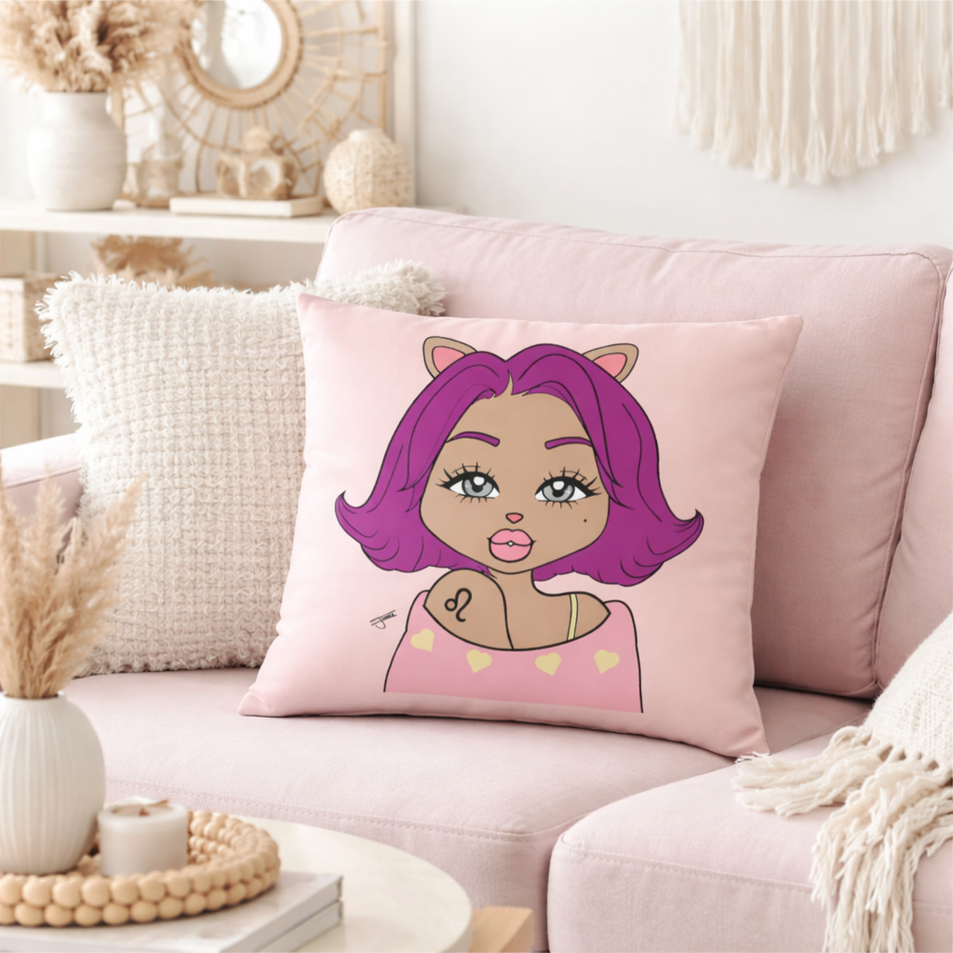 Decorative pillow with a Leo character on a pink couch
