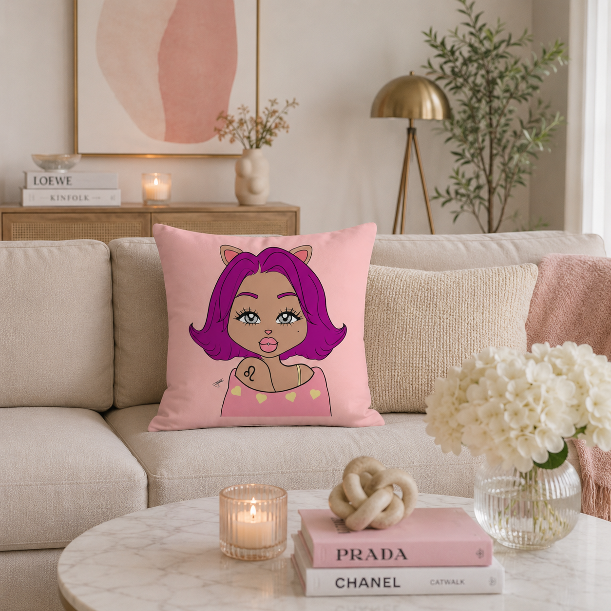 A pink square throw pillow featuring a leo character, styled on a beige sofa in a cozy living room setting.