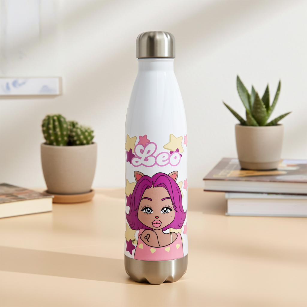 White water bottle with cartoon character design on a wooden surface with plants in the background