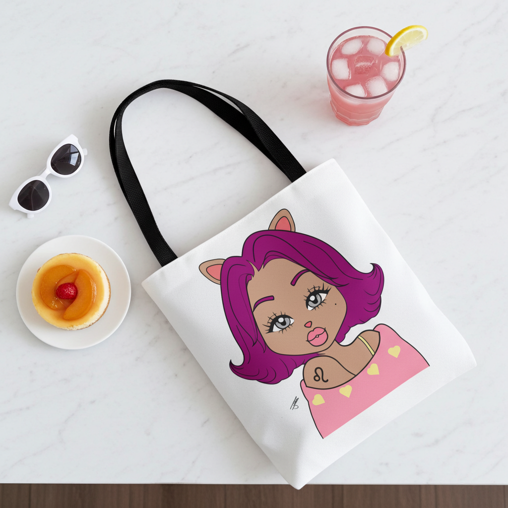 Tote bag with a Leo character design on a marble surface with a drink and dessert.