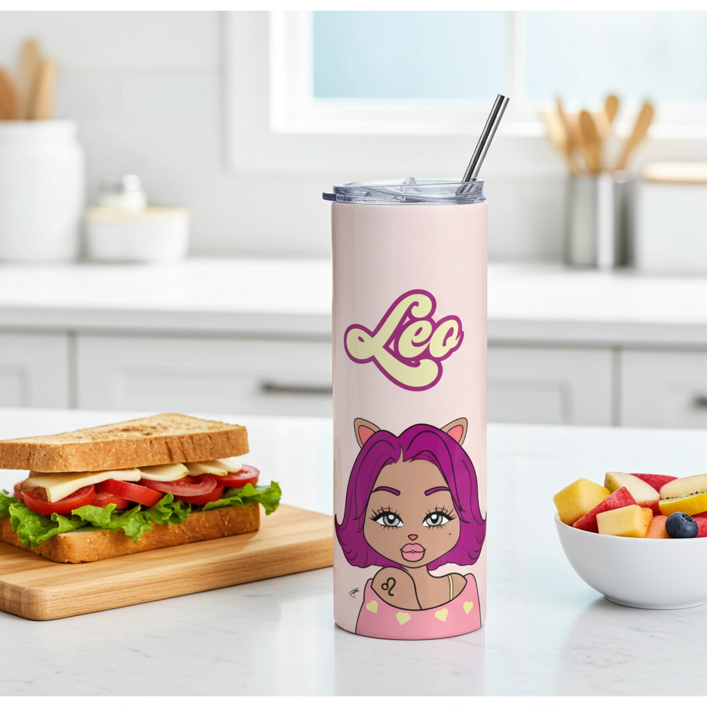 Pink tumbler with a Leo character and 'Leo' on a kitchen counter with a sandwich and fruit bowl.