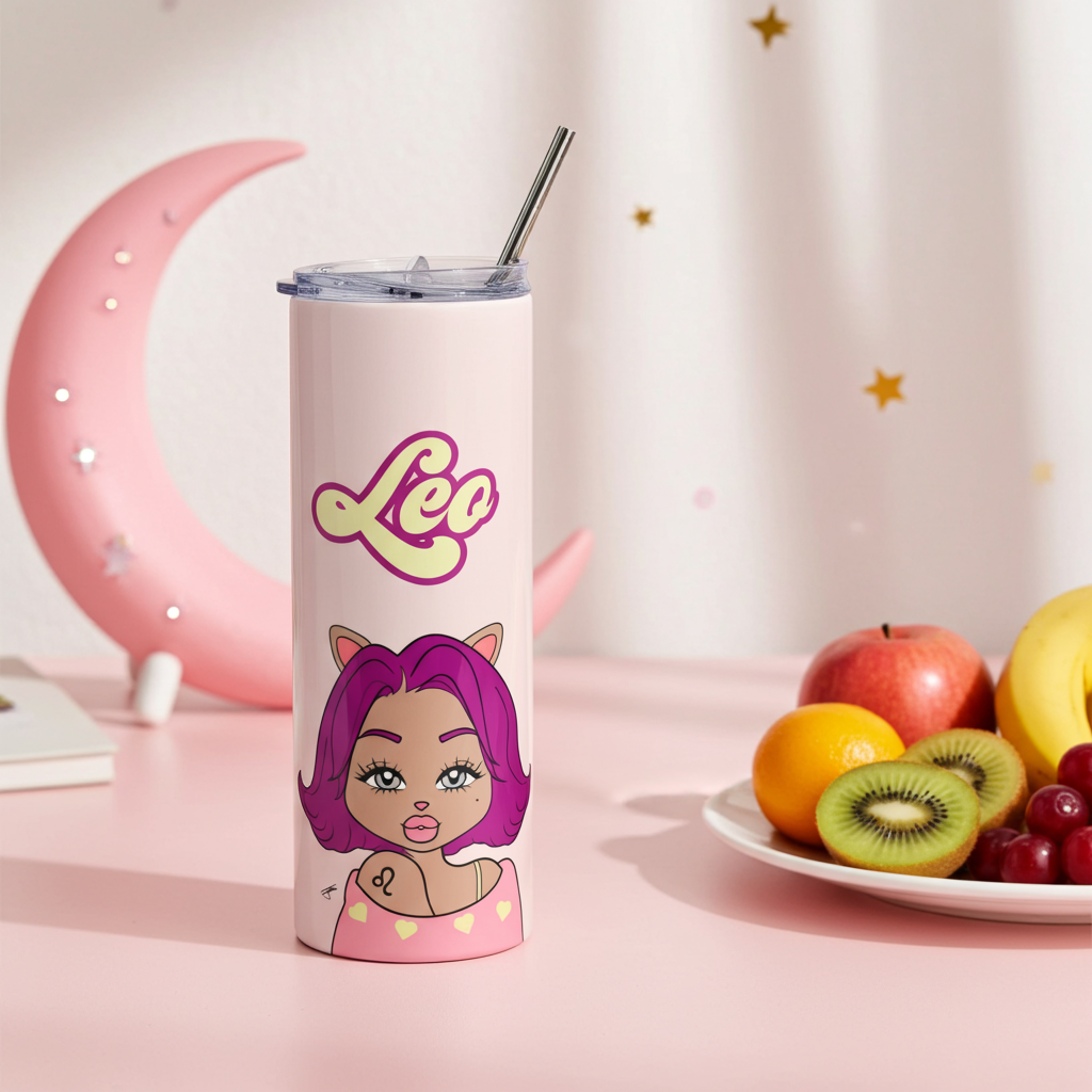 Tumbler with Leo character and 'Leo' text on a pink background with fruits and moon decor.