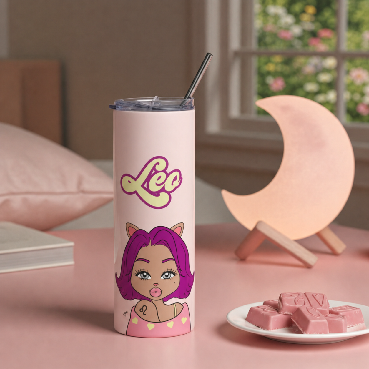 Tumbler with Leo character and 'Leo' text on a pink background  and moon decor.