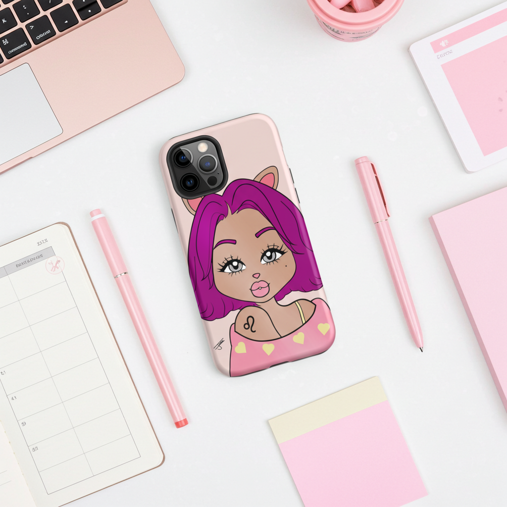 iPhone case with a Leo character on a desk with stationery items