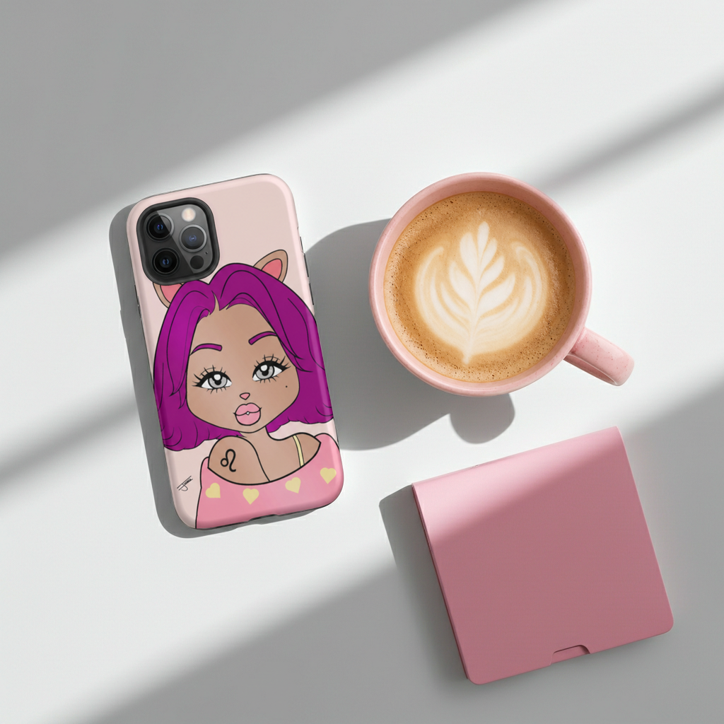 iPhone case with a Leo character design, pink wallet, and cup of coffee on a light surface