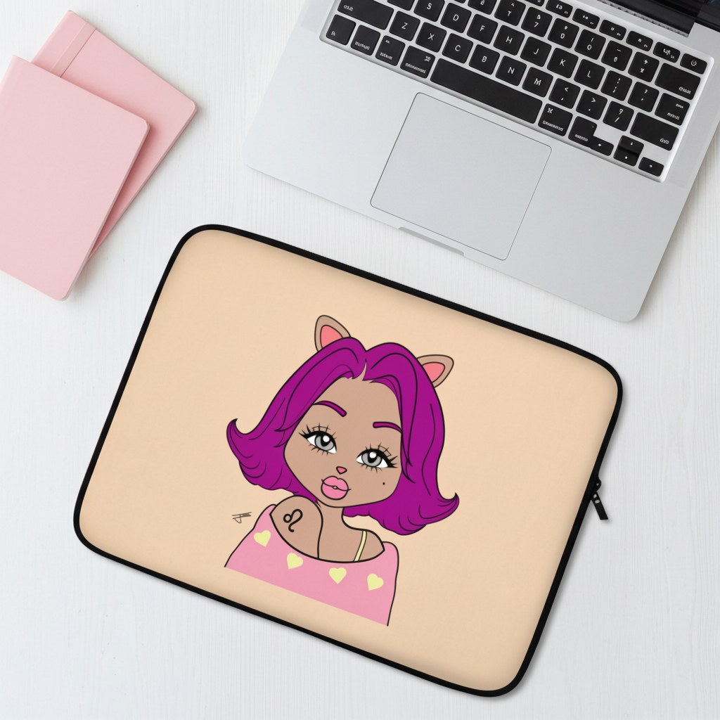 Laptop sleeve with a Leo character design on a desk with a laptop and pink notebook.
