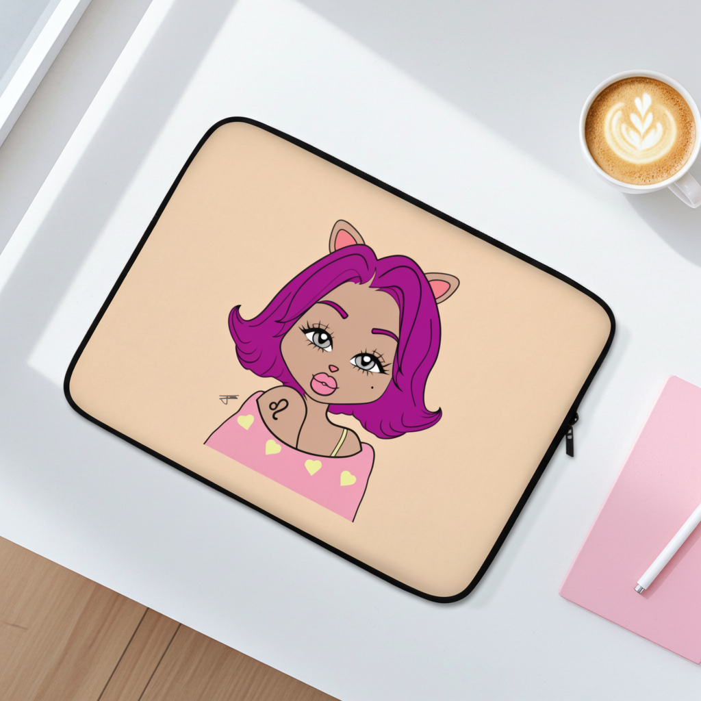 Laptop sleeve with a Leo character on a desk with a cup of coffee and pink notebook.