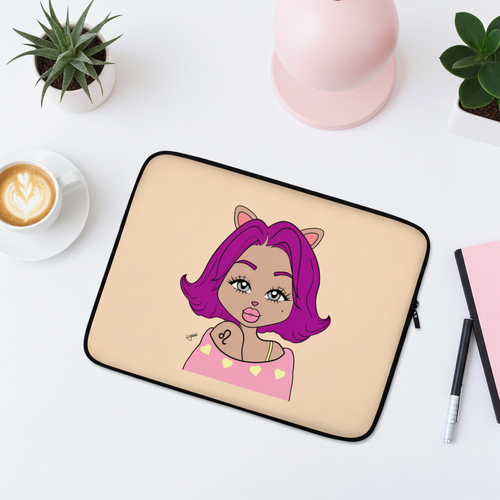Laptop sleeve with a Leo character on a desk with a cup of coffee and plants.