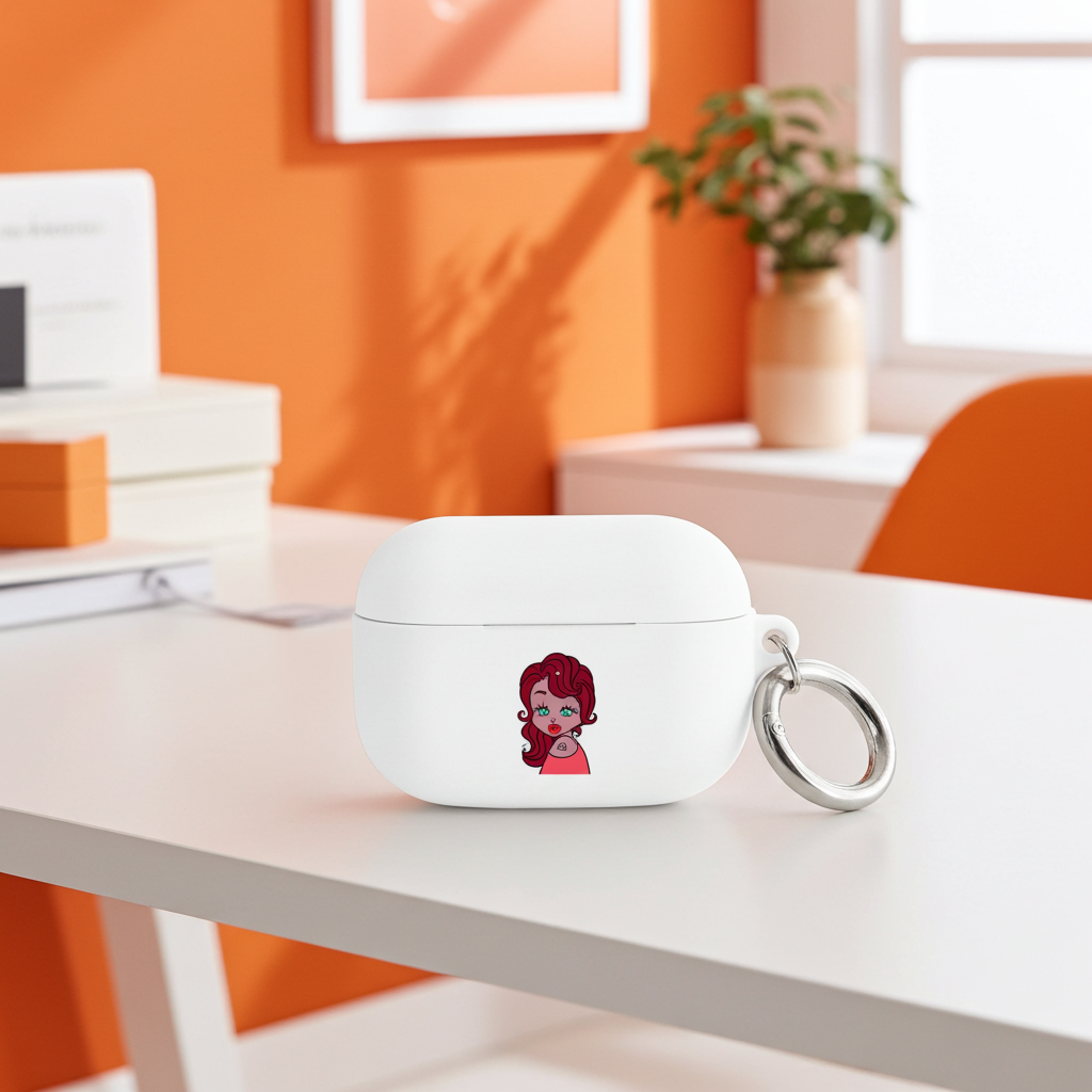 White air pod case with a Libra character design on a white table against an orange wall.